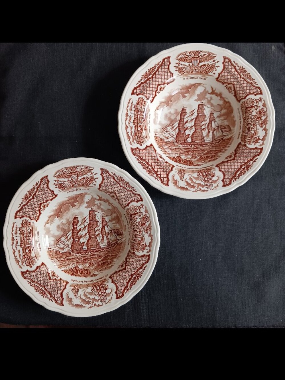 China Dinnerware Alfred Meakin, Fair Winds, 2 Brown Rimmed Soup Bowls 8.75 Inch